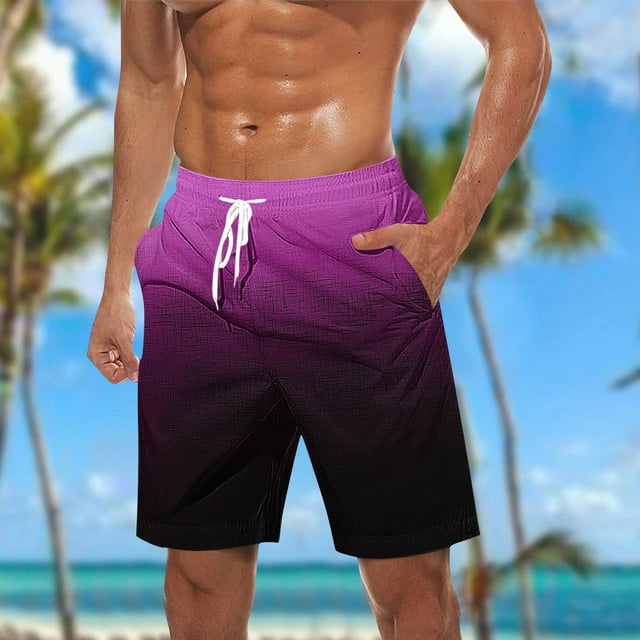 RKSTN Mens Swim Trunks Gradient Print Novel Ultra Plus Size Elastic Waistband Drawstring Comfortable Summer Beach Breathable Vacation Shorts with Pockets