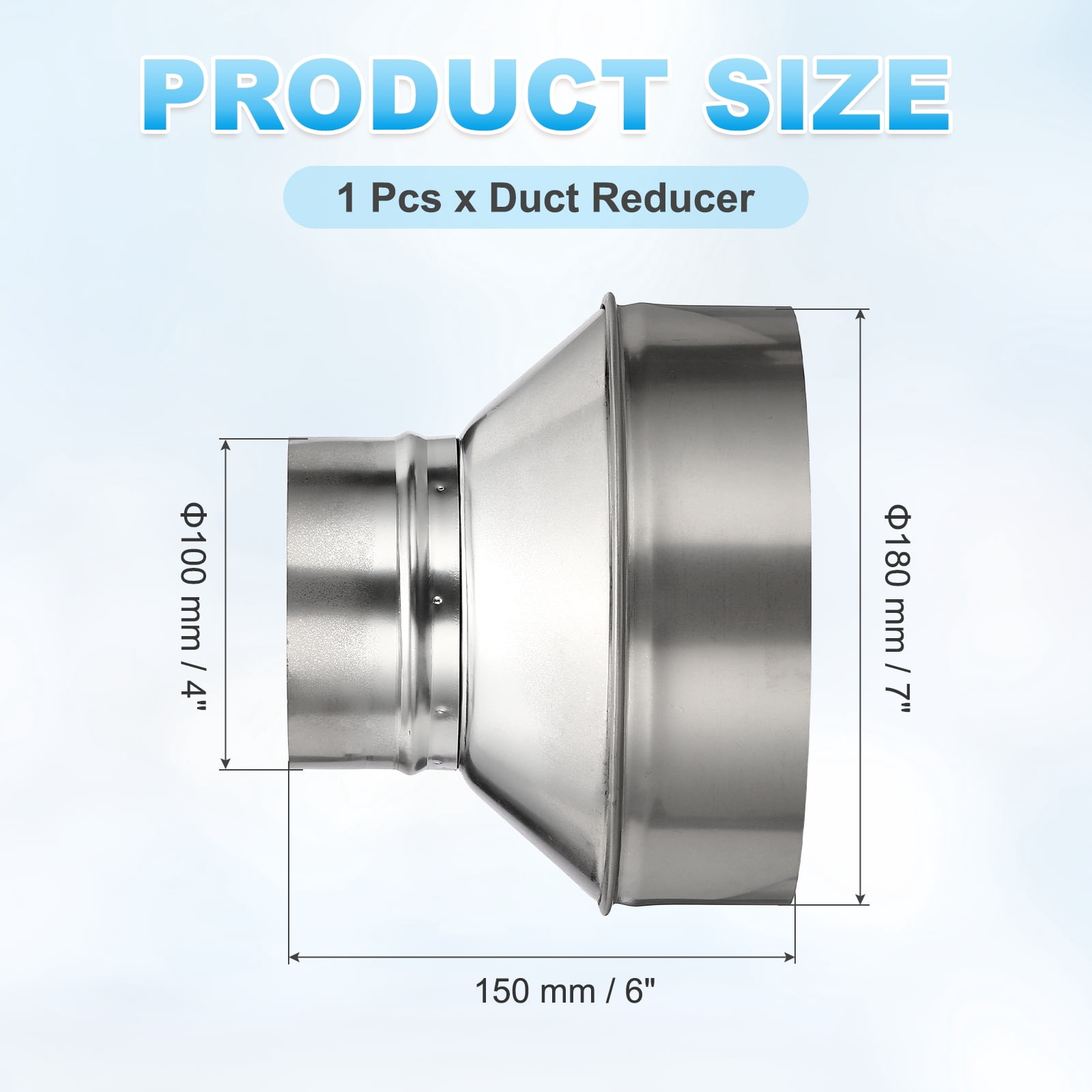 Uxcell Duct Reducer (7" to 4") - 304 Stainless Steel Air Ducting Reducer Increaser Metal HAVC Duct Adapter Stove Pipe Fitting Connector for Exhaust Fan/Blower/AC/Ventilation Systems