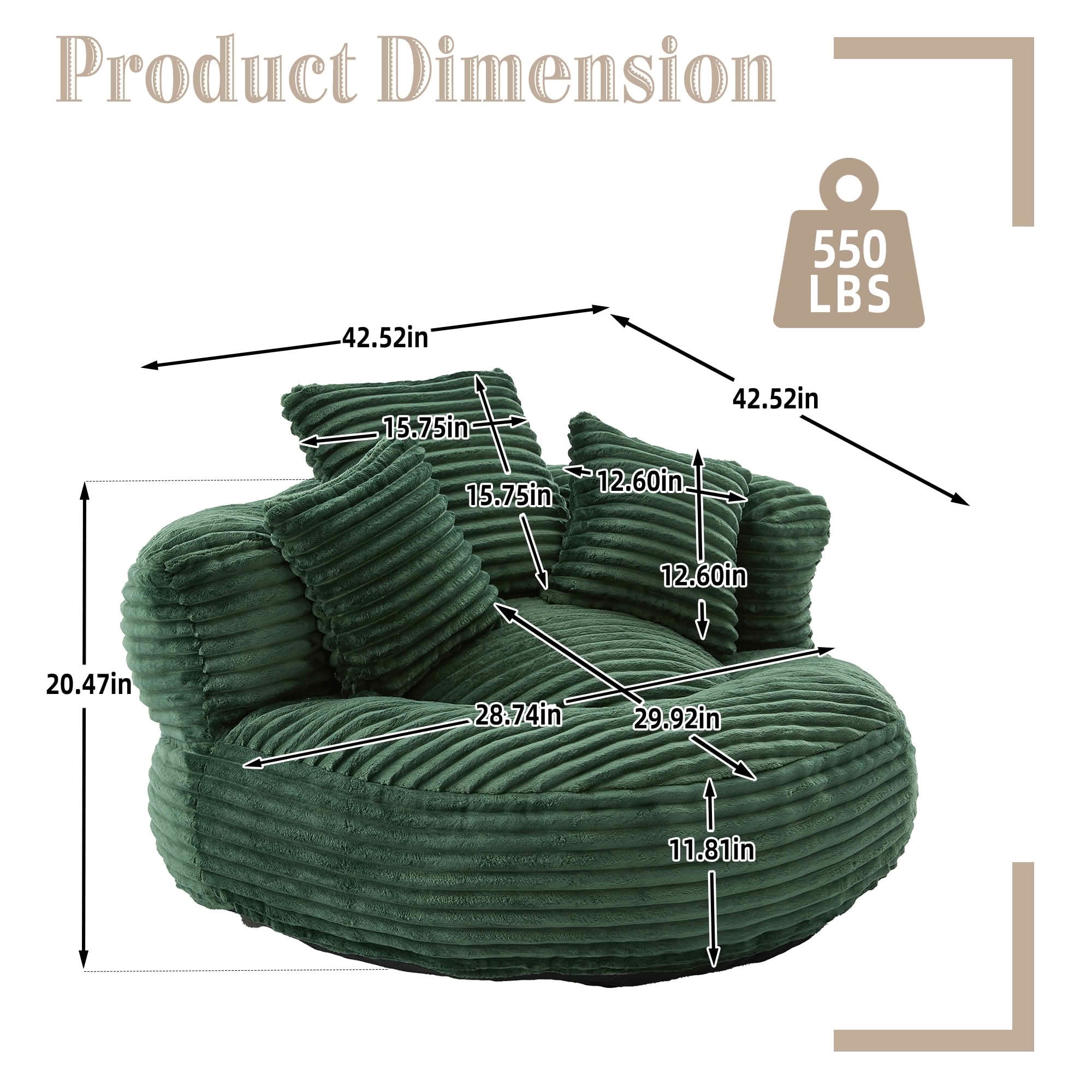 MAYEERTY Bean Bag Chair for Adults, Cozy Corduroy Lounger with High-Density Foam, No Assembly, Emerald