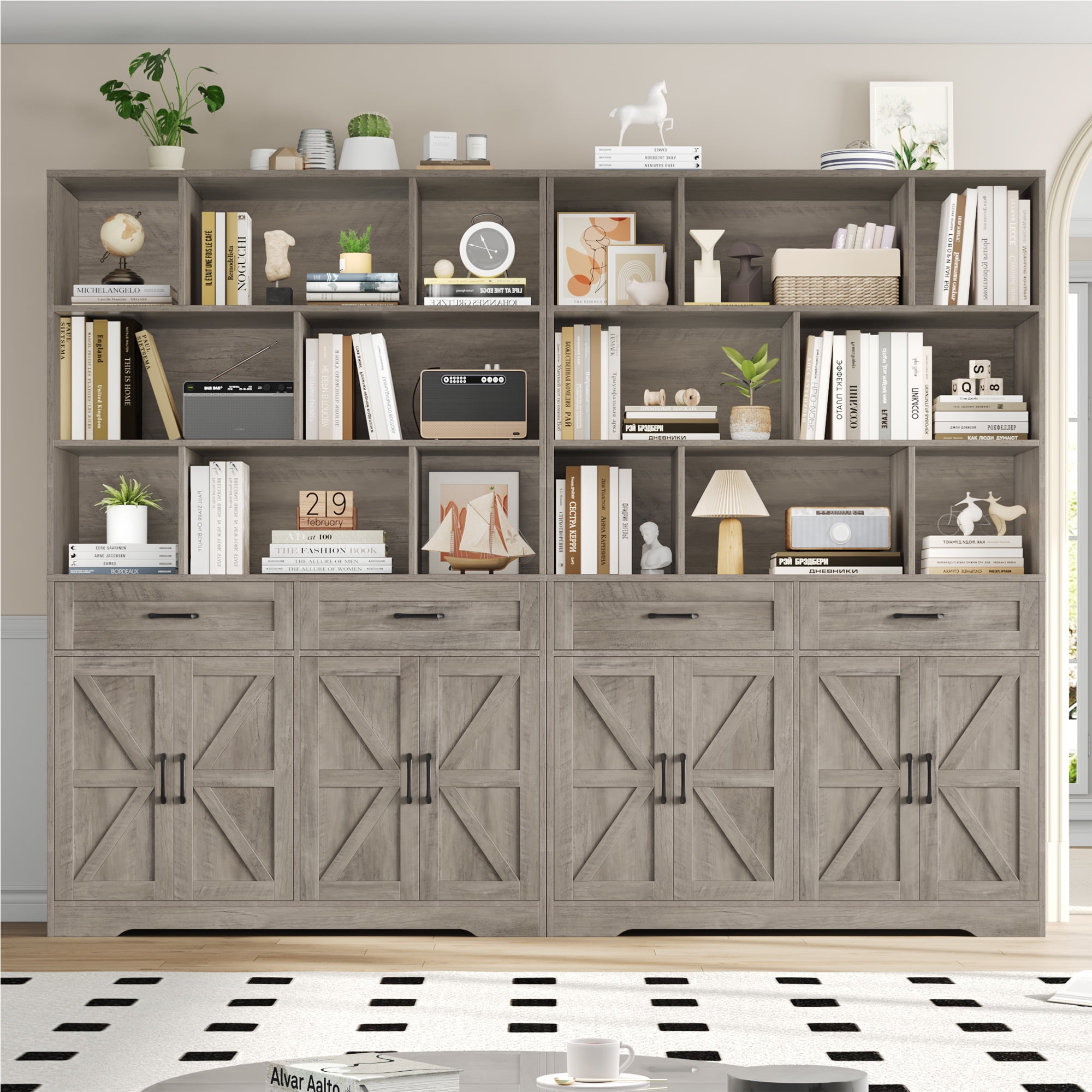 Hiphuta 71"Tall Bookcases with Drawers & Doors, 47” Wide Large Bookshelf for Home Office 6-Tier Bookshelf , Wooden Book Storage Cabinet for Home Office Living Room, Ash Gray