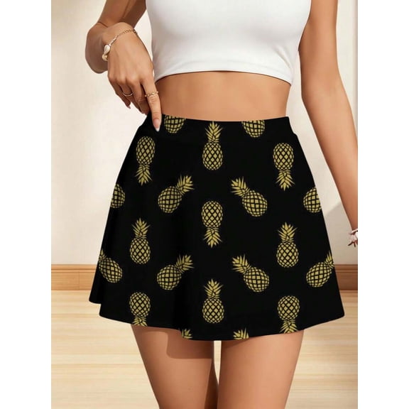 Multicolor Golden Pineapple Print Womens A-Line Mini Skirt Casual Summer Skirt