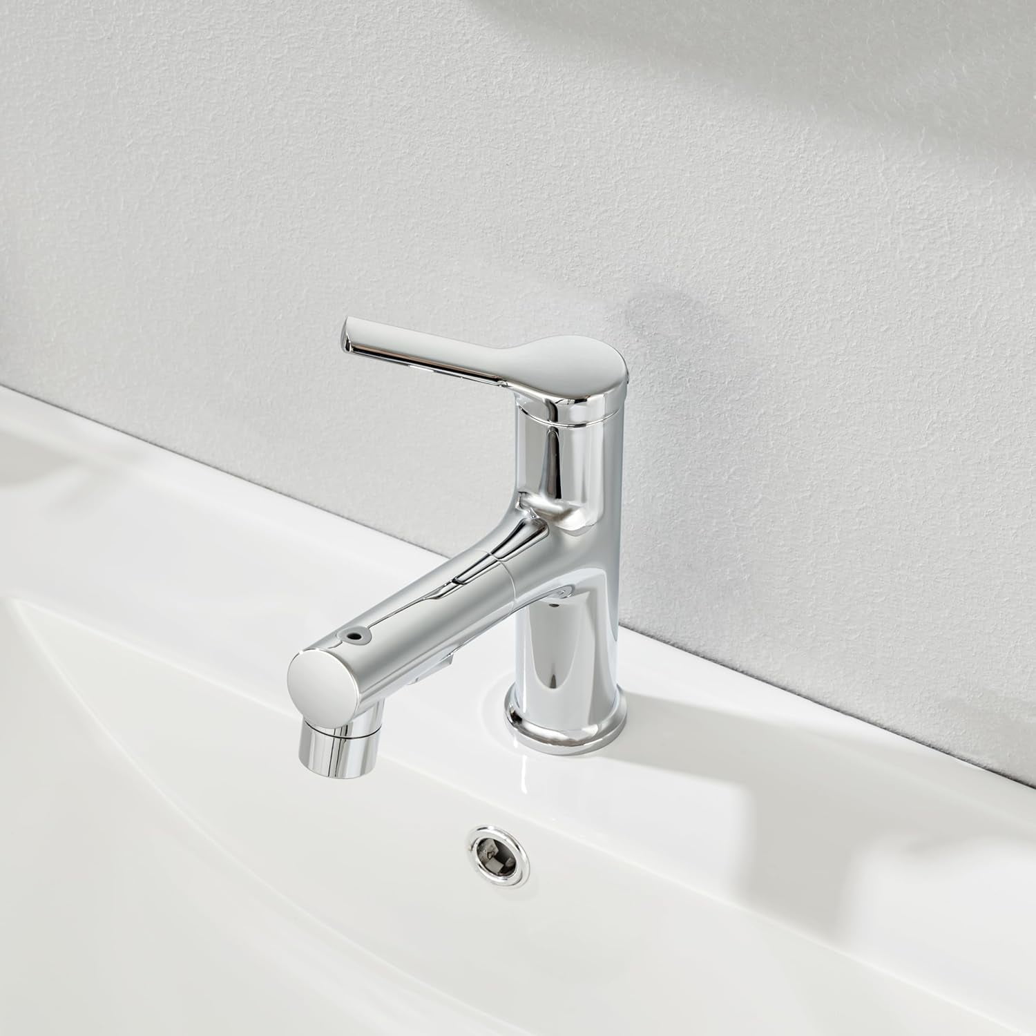 Single Hole Bathroom Faucet with Pull Out Sprayer, Dual Spray Modes, Solid Brass Polished Chrome Bathroom Faucet for Sink, Modern One Handle Bath Vanity Faucet with Face Basin Mixer Tap Visit The YI