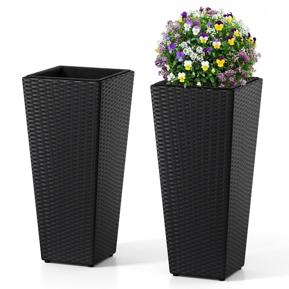 Gymax 2PCS Rattan Tall Plant Pots w/Detachable Plastic Liners Pre-Marked Drainage Hole