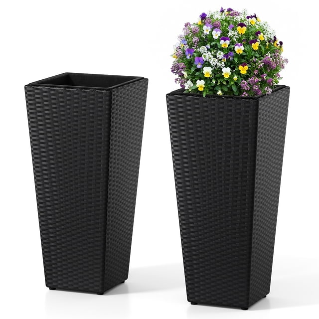 Gymax 2PCS Rattan Tall Plant Pots w/Detachable Plastic Liners Pre-Marked Drainage Hole