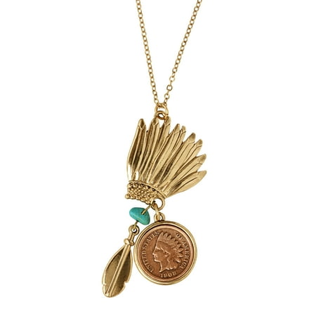 Traditional Indian Gold Jewelry - Indian Head Penny Headdress Charm Coin Necklace With Turquoise Stone