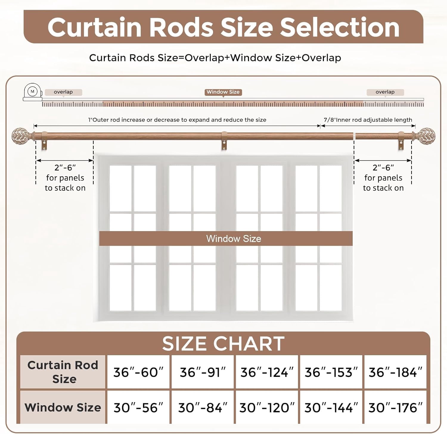 Boho Black Curtain Rod, 1 Inch Decorative Adjustable Heavy Duty Curtain Rods for Windows 30 to 56 Inch, Rustic Window Treatment Rods with Handmade Leaf Finials, Easy Installation