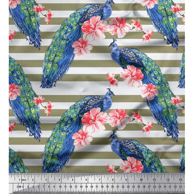 Soimoi Poly Georgette Fabric Stripe,Floral & Peacock Bird Fabric Prints by Yard 52 Inch Wide