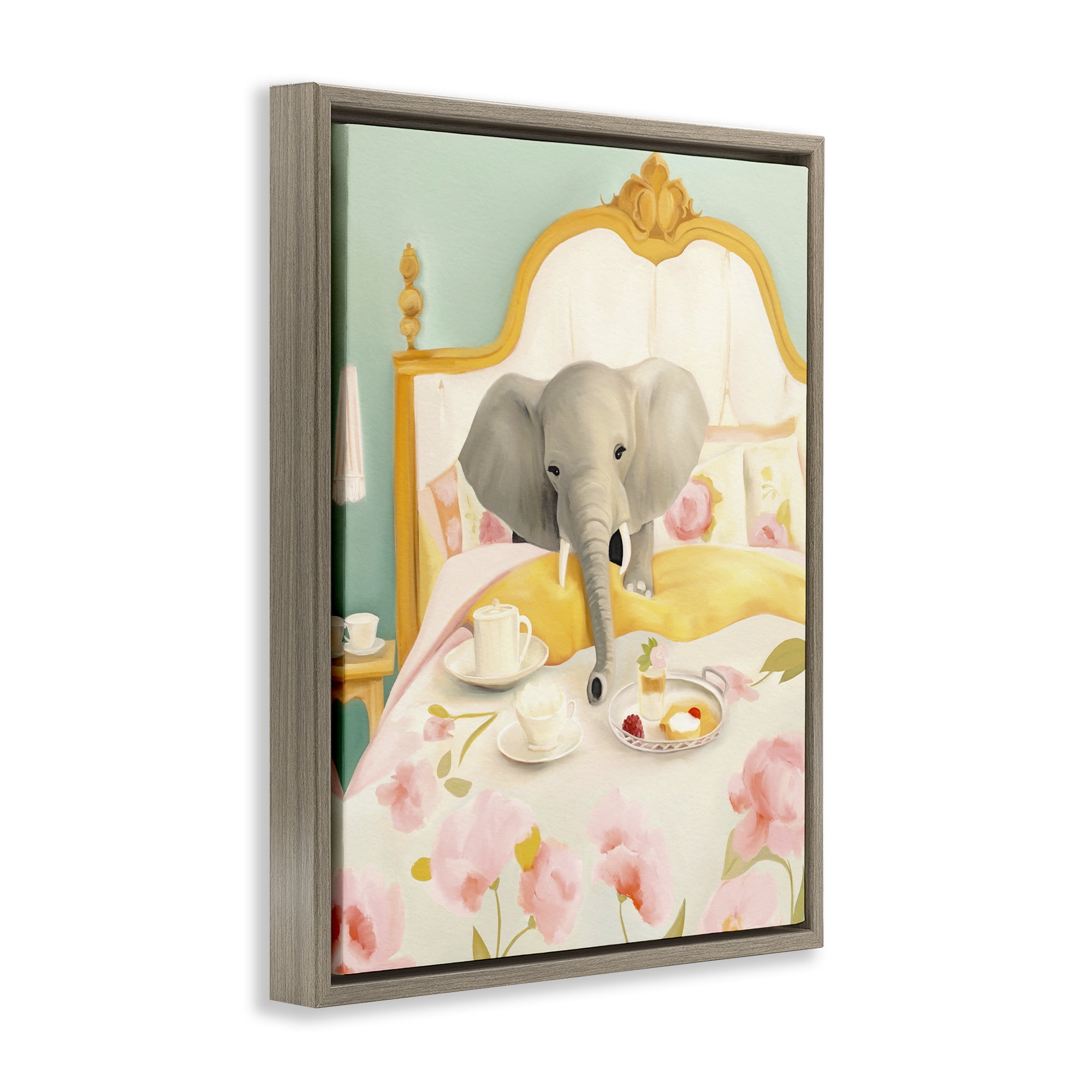 Breakfast in Bed Elephant Brown Framed Floater Canvas Wall Art, design by Leah Straatsma