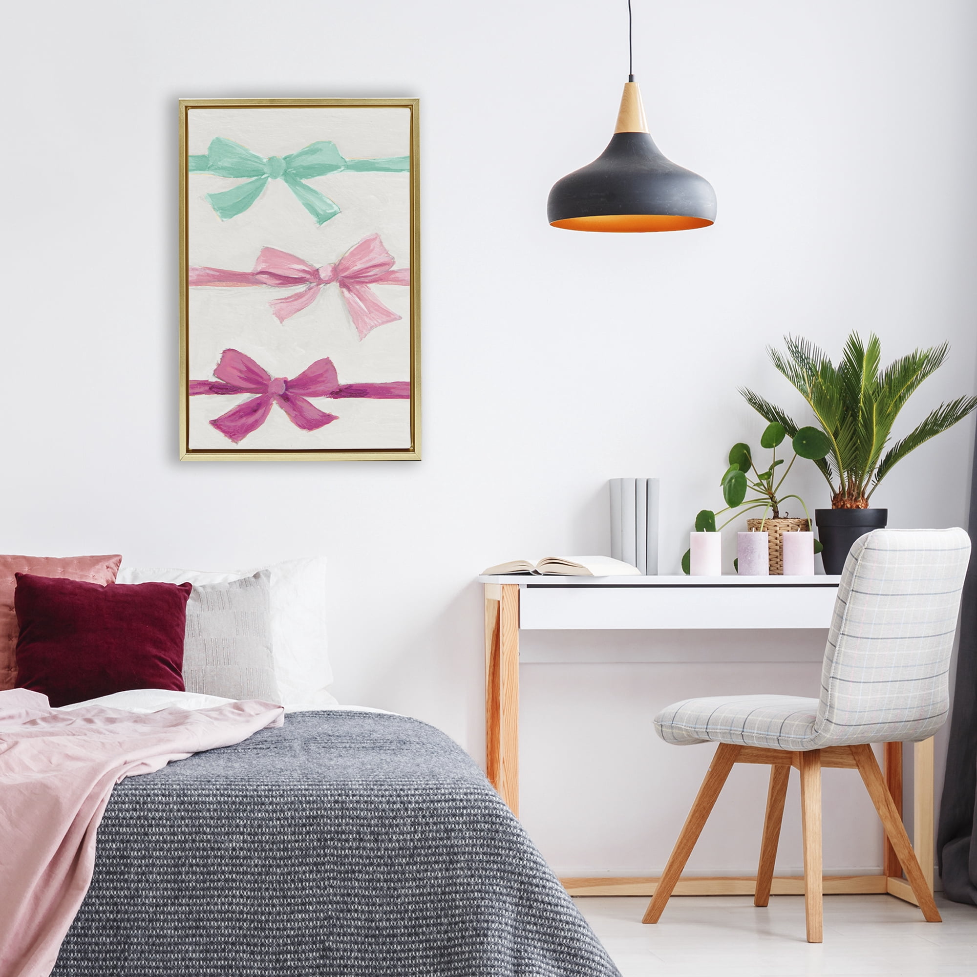 Stupell Industries Ribbon Bows Trio Gold Framed Floater Canvas Wall Art, design by Lanie Loreth