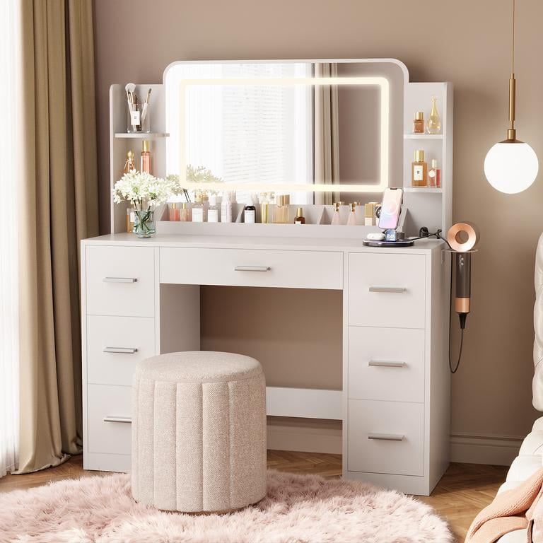 Homall Makeup Vanity Set with Mirror, Vanity Desk with LED Mirror & Charging Station, Vanity Table with Storage Drawers & Shelves for Bedroom Dressing Room, White