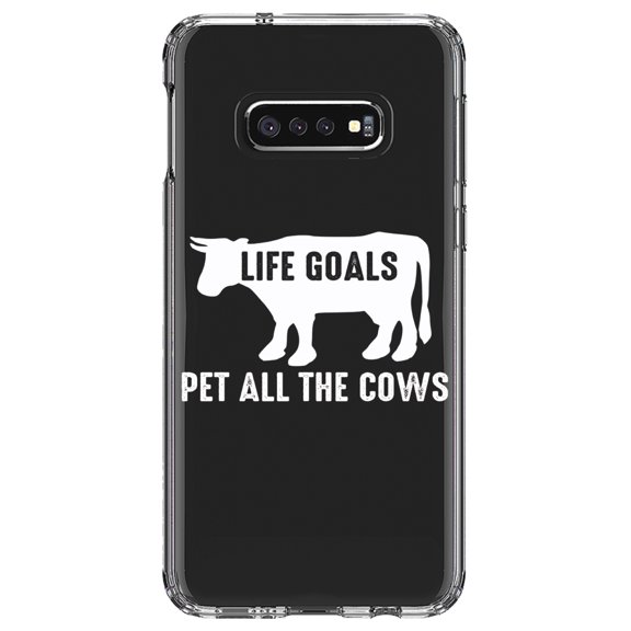 DistinctInk Clear Shockproof Hybrid Case for Samsung Galaxy S10e (5.8" Screen) - TPU Bumper Acrylic Back Tempered Glass Screen Protector - Life Goals, Pet All The Cows
