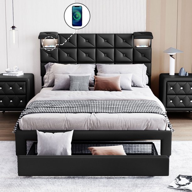 PU Upholstered Storage Bed Frame with a Big Drawer, Two Wireless