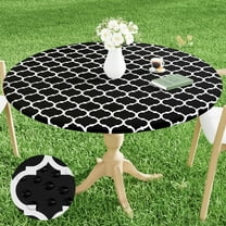 decorUhome Fitted Vinyl Tablecloth Round 36"-44" Diameter, Waterproof Wipeable PVC Table Cover, Moroccan, Black, For Indoor or Outdoor