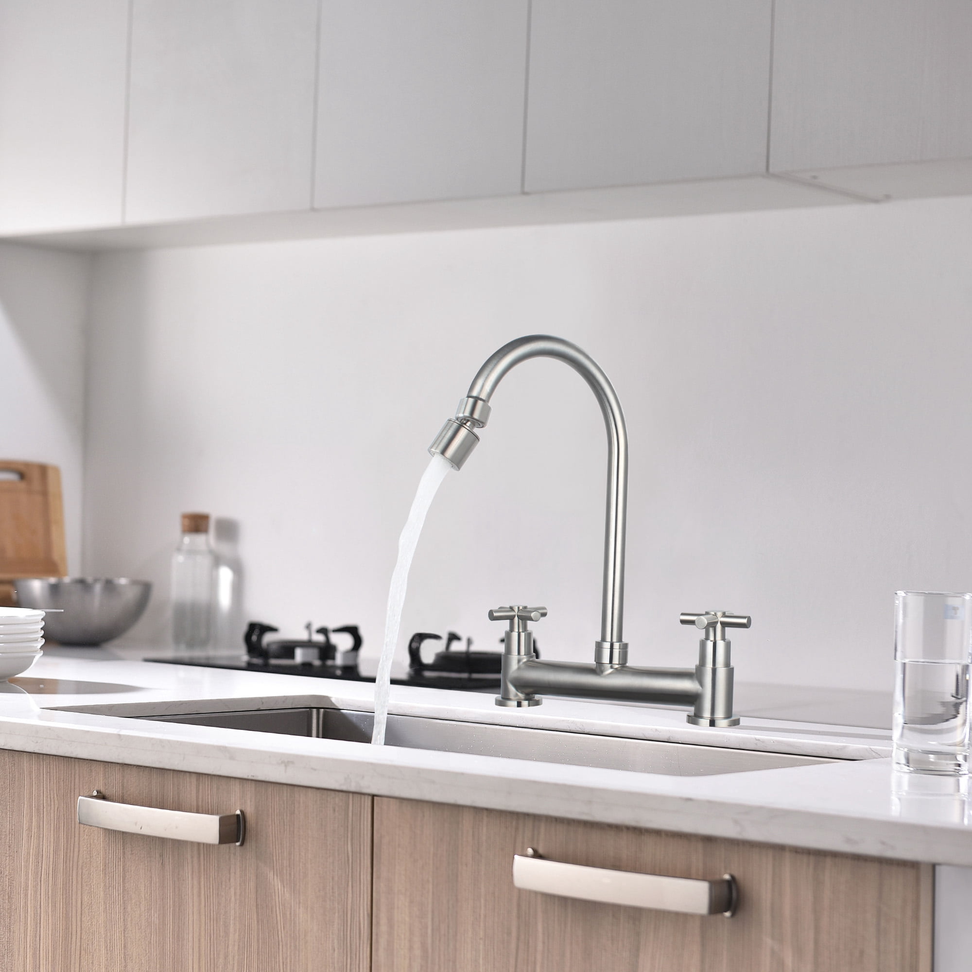 UMANYI Kitchen Faucet Deck Mount 8" Spread 2 Hole Double Handle Utility Sink Faucet Bridge Commercial Faucet with Aerator Sprayer 6" Spout