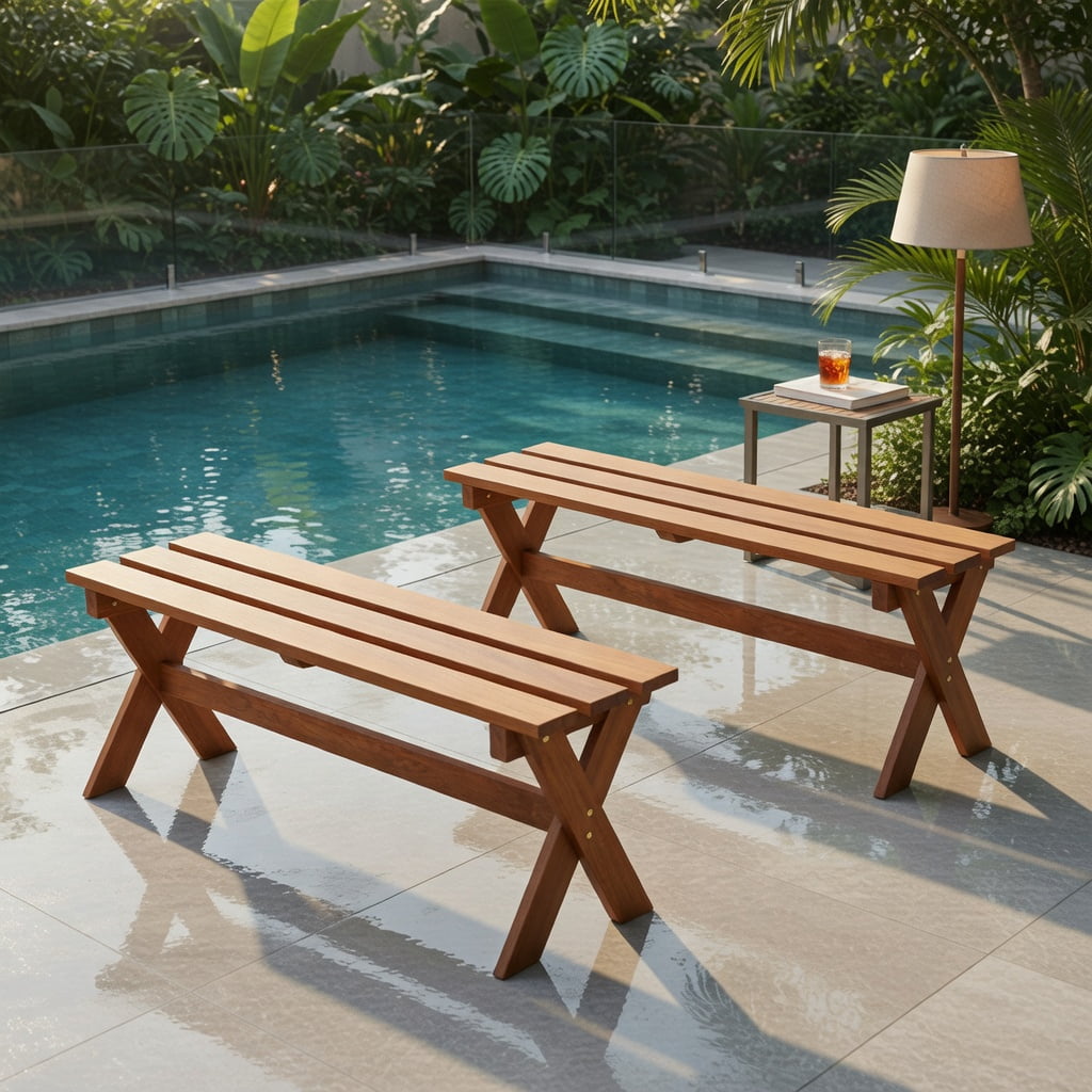 Hommoo 36" Solid Hardwood Outdoor Patio Bench Set of 2, Backless Teak-Oil Finished Dining Benches for Garden, Porch & Deck, Natural