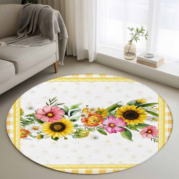 Round Area Rug 4 Ft, Sunflower Washable Non-Slip Circle Carpet for Living Room/Bedroom, Pink Yellow Floral Elegant Pastoral Checkered Low-Profile Crawling Mats Collection Rugs for Indoor