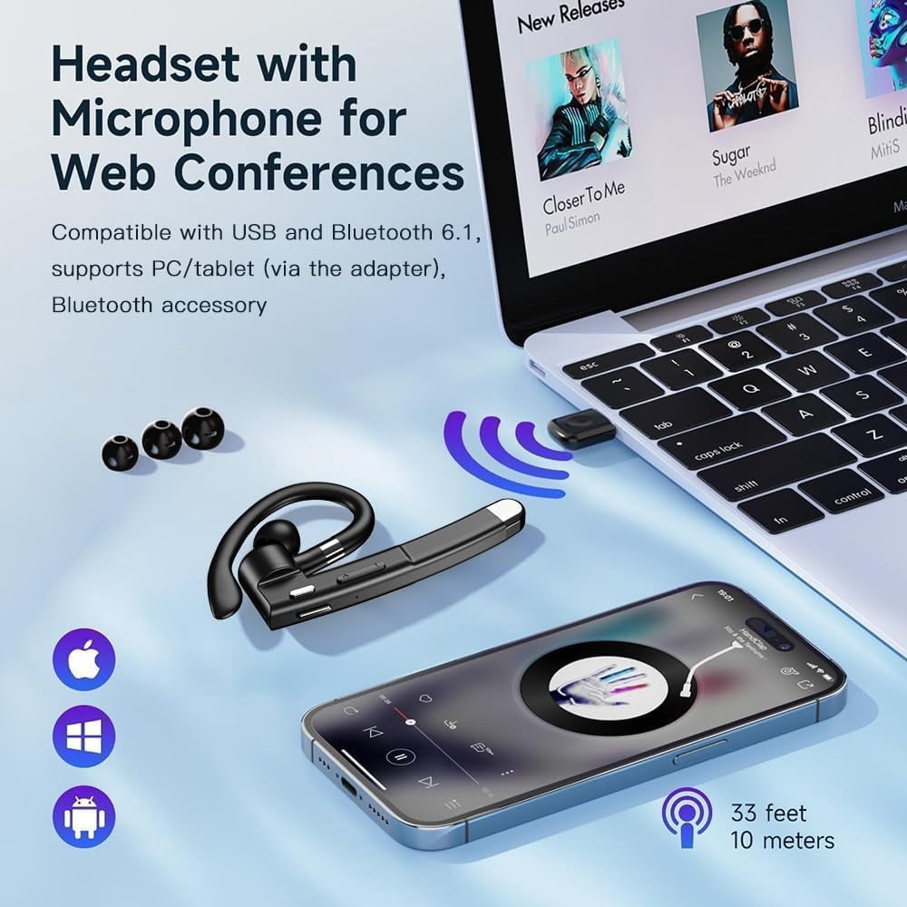 HRTGFD-Bluetooth Headset with USB Type C 270 Degrees Rotatable Microphone for Truck Driver Bussiness and Travel