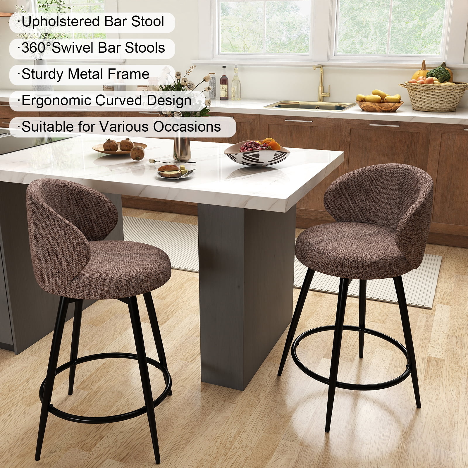 Rongbuk 360° Swivel Modern Bar Stool Set of 2, 26" Upholstered Counter Height Bar Stools with Wingback, Soft Linen Fabric, Counter Chairs with Arm for Kitchen Island or Home Bar, Brown