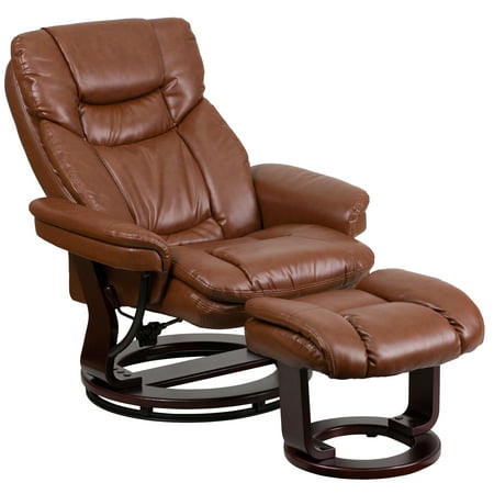 Flash Furniture Contemporary Leather Recliner and Ottoman with Swiveling Mahogany Wood Base, Multiple