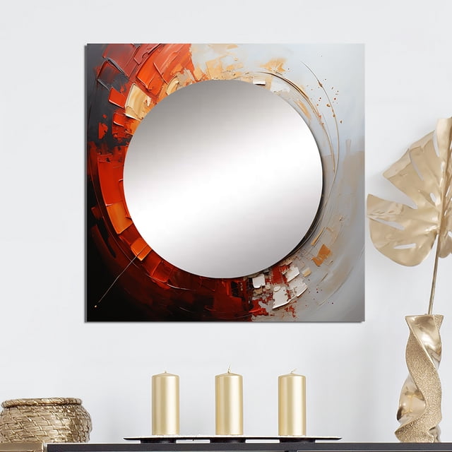 Designart "Energetic VORTEXscape I" Abstract Spirals Square Mirror For Wall Decor - Large Orange Square Printed Wall Mirror Art - Square Transitional Mirror - Wall Mounted Square Large Mirror