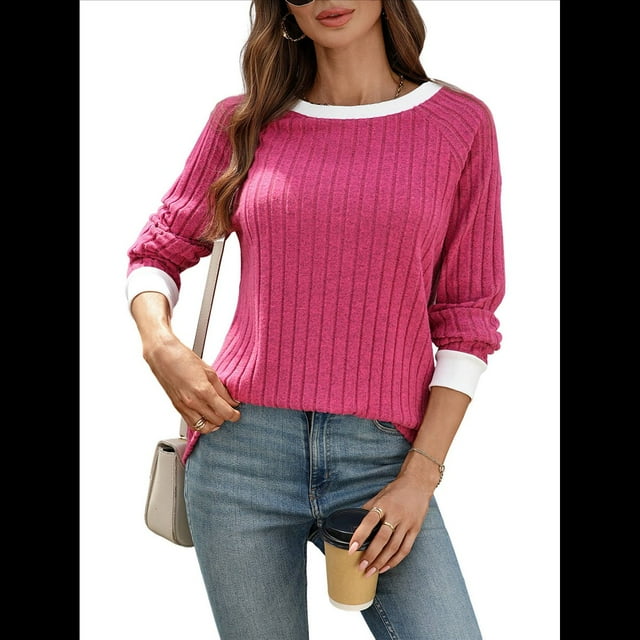 Camisas de Larga para Mujer, Blusas Tipo Túnica con Cuello Redondo, Suéteres Casuales, Ropa de Moda de Otoño Rosa Roja S