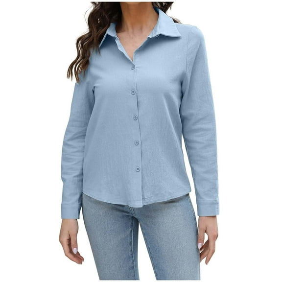 HAiming Womens Cotton Linen Button down Shirts Lapel Long Sleeve Solid Color Tops Casual Work Business Blouses