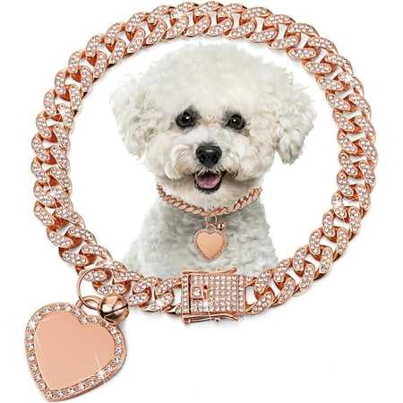 Wellsay Dog Chain Rose Gold-Plated Diamond Collar with Heart Rhinestones Jewelry Accessories Pet ID Tag Chain Heart Bling Collar with Personalized Name Tag for Small Medium Large Dogs s(12 Inch)