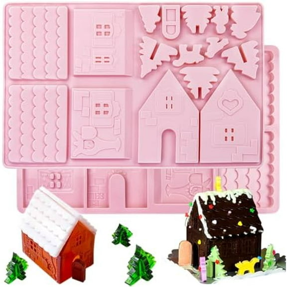 2 Pack Christmas Silicone Baking Mold,3D Christams Gingerbread House Mold Tray Christmas Chocolate Mold Christams Fondant Mold for Xmas Party Cupcake Topper Candy Cookies Polymer Clay Resin Craft