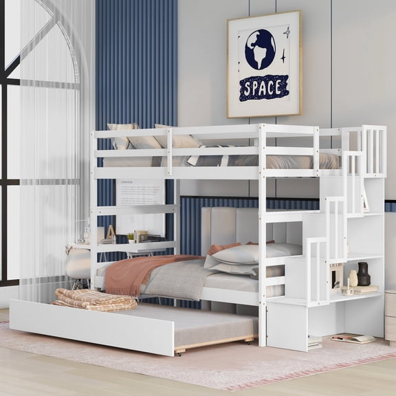 Newboti Furniture Twin over Twin Bunk Beds With Twin Trundle and Stairway Storage Function in White color NO.37788