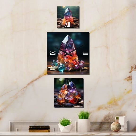 Designart "Vibrant Energy Crystal Array" Spiritual Stone Extra large Clock For Office Décor - Large Traditional Wall Clock - Oversized Purple Wall Clock - Set Of 3