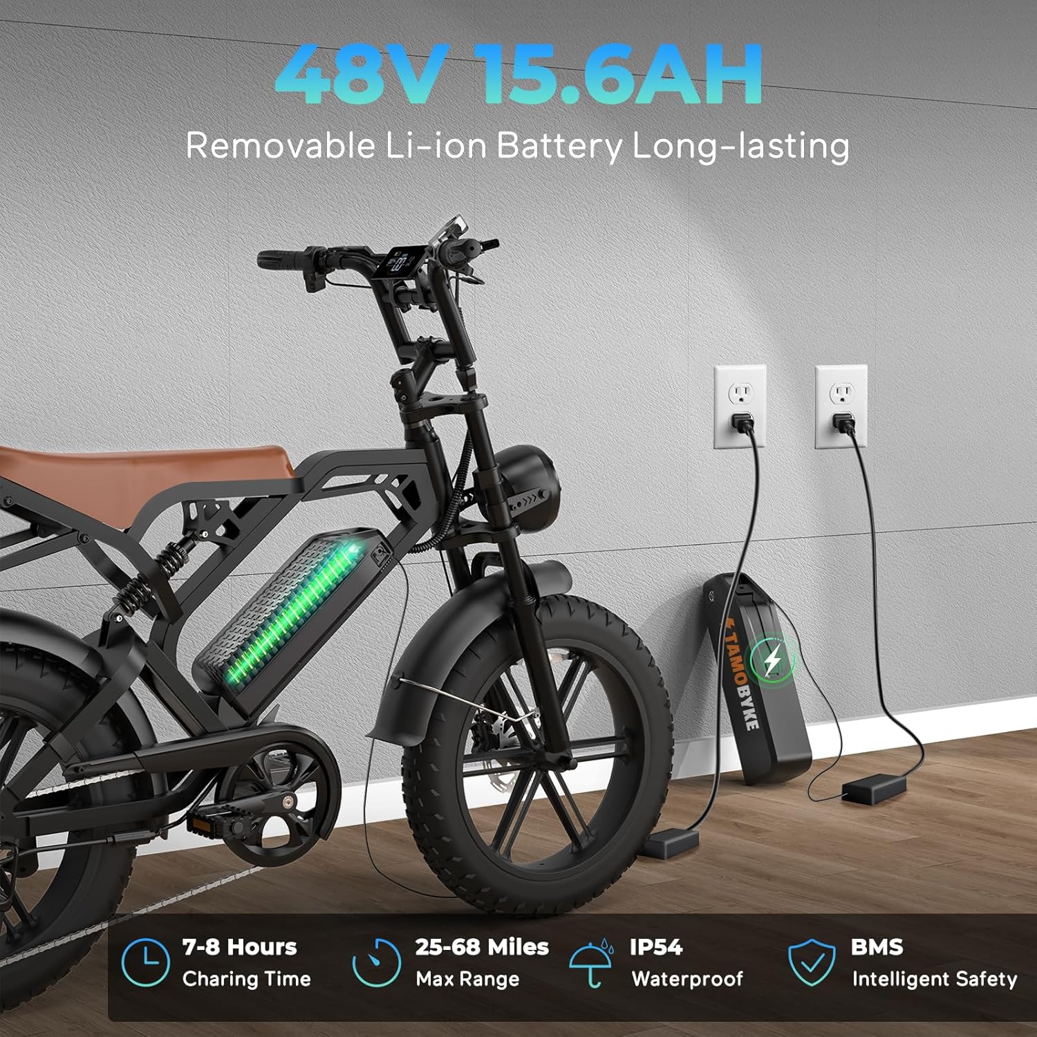 Tamobyke V20 Electric Bike for Adults, 20" Fat Tire E-Mountain Bicycle, Peak 1500W 48V 15.6Ah 30MPH Ebike Full Suspension UL2849