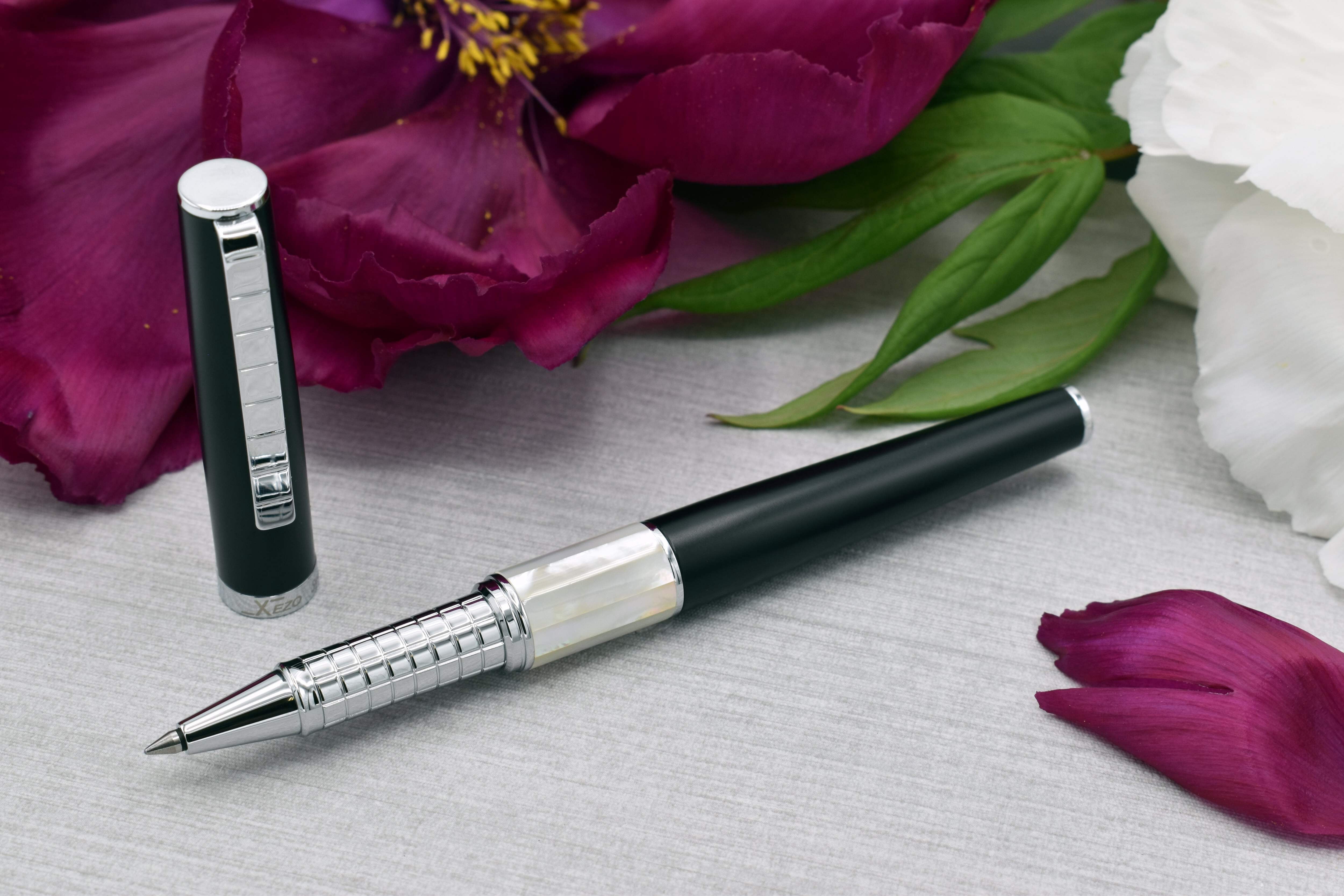 Xezo Speedmaster® Black Brass Rollerball Pen - With White Mother of Pearl