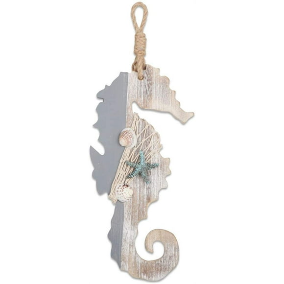 30cm Decorative Wooden Seahorse with Starfish and Shells for Nautical Decor, Wall Hanging Decor