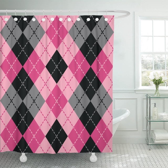 ABPHQTO Cortina de ducha de poliéster agrupada Argyle en rosa y negro sin costuras 152x180 cm ABPHQTO PKNMT60x72Shower-1554