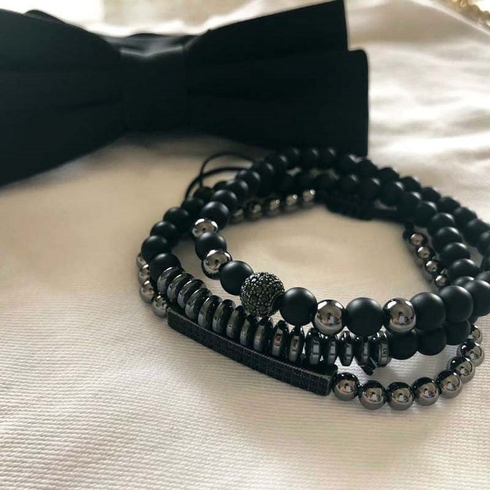 Elegant Black Matte Braided Bracelet Set for Men with Copper Zircon Embellishments