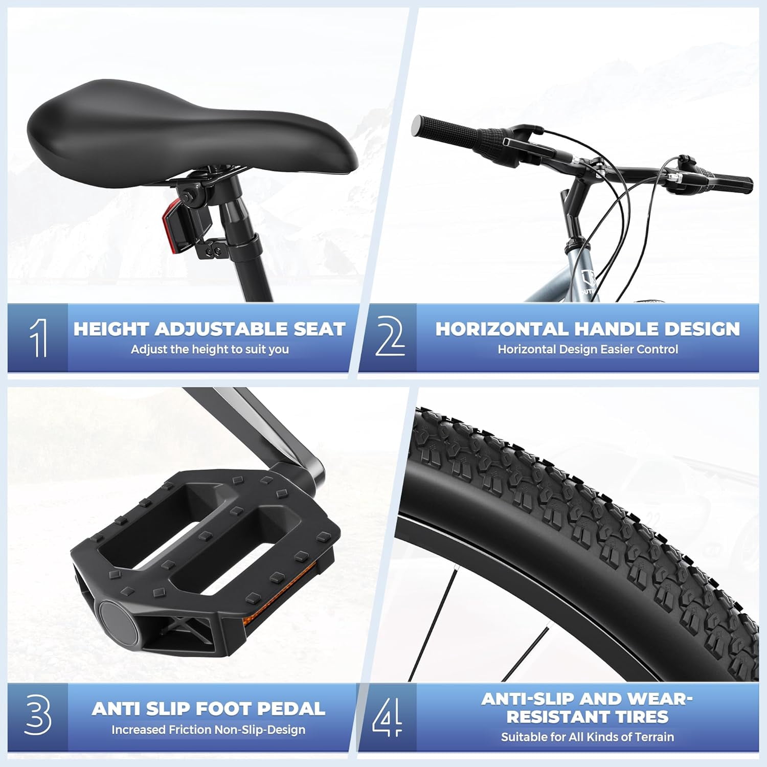 Marknig 26" Mountain Bike 7 Speed Bicycle for Adult with High-Carbon Steel Frame, Dual Disc & V-Brakes, Adjustable Seat for Men and Women, Gray