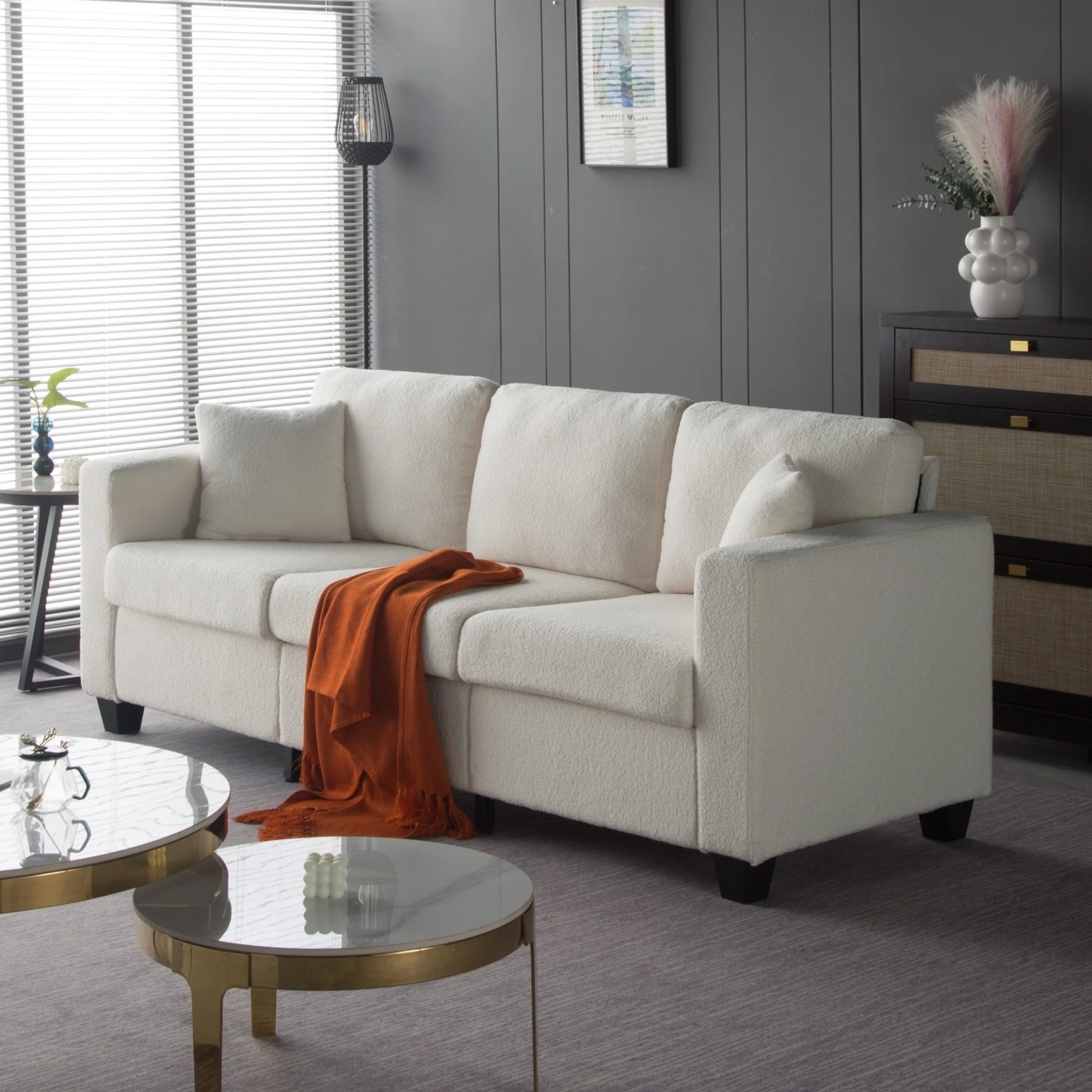 Gewnee 86.5''Modern Teddy Velvet Sofa with 2 Pillows,Extra-Wide Deep Sofa Couch,Suitable for Living Room,Bedroom,Office,Apartment (Beige)