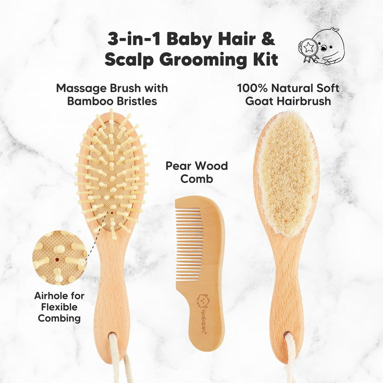 Baby Hairbrush and Comb Set, 3 Piece Wooden