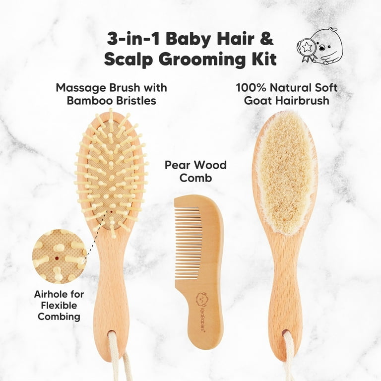 Baby Hairbrush and Comb Set, 3 Piece Wooden