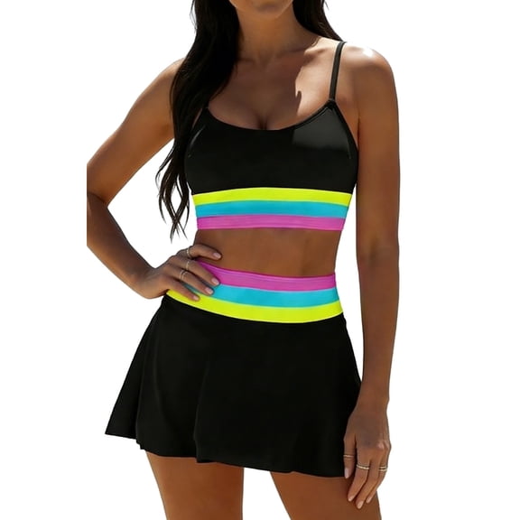 Guluxicc 2 Piece Women's Swimsuit Sets Rainbow Striped Skirted Patchwork with Built-in Shorts Summer Beach Swimwear Bathing Suit
