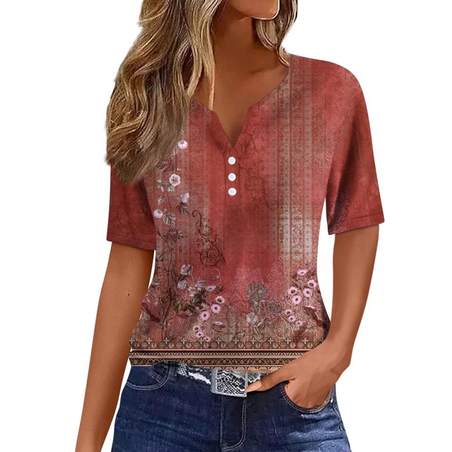 Camiseta para Mujer Camiseta Estampada Botón Manga Corta Diario Fin de Semana Moda Básica Cuello en V Top Regular Rojo / 3XL