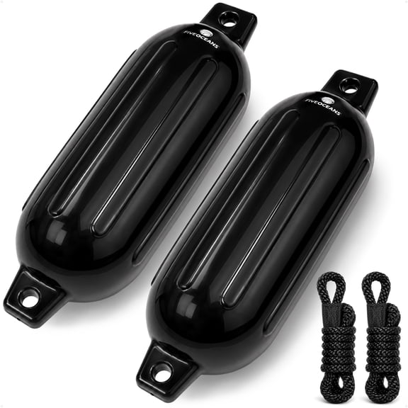 Five Oceans 2-Pack Twin Eye Ribbed Boat Fenders 6.5 x 23-Inch, Black, Boat Bumpers for Docking with 2 Ropes Lines 3/8-Inch x 5-Ft for Pontoon Sport Boats Sailboats - FO4944