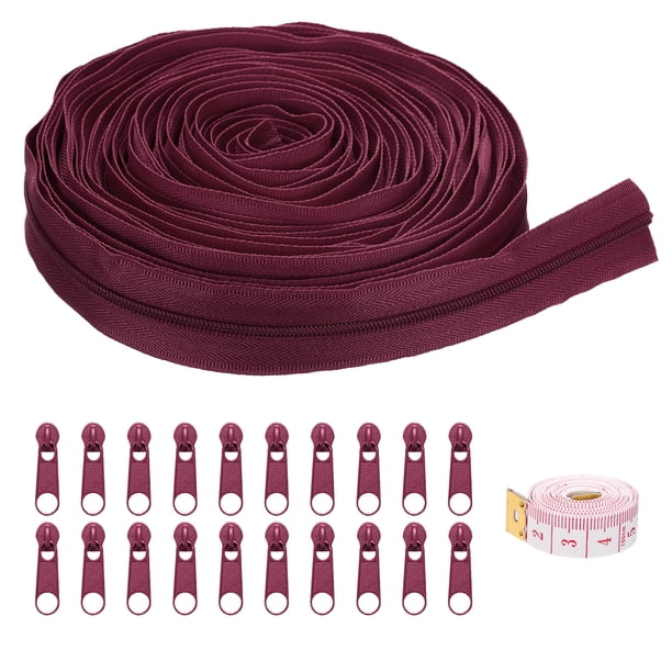 Uxcell #3 10 Yards Bulk Nylon Coil Zipper by the Yards with 20 Pcs Zipper Sliders and Ruler for Sewing Wine Red