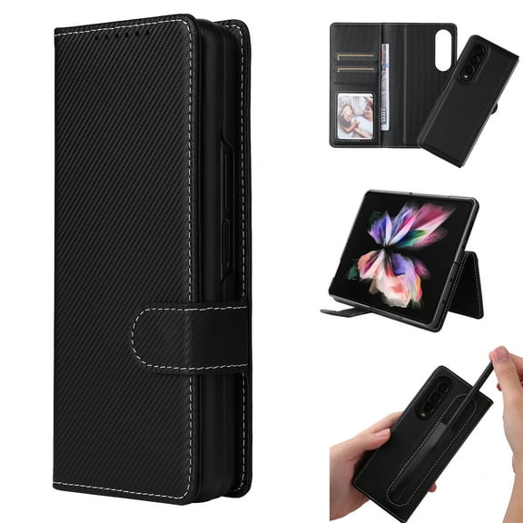 Folding Case for Samsung Galaxy Z Fold3 5G, PU Leather Flip Cover with S Pen Holder & Kickstand, 2 in 1 Wallet Case with Card Slots Holder Magnetic Clasp Shockproof Protection Phone Case, Black