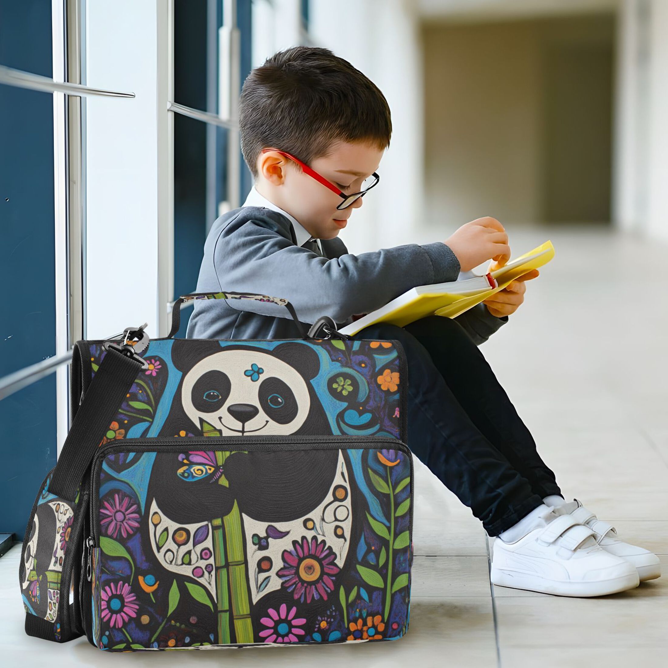 Hand Drawn Panda Stripes Lines Zipper Binder Bag 3 Ring Binder Bag,Large Capacity Durable Binder Organizer Bag