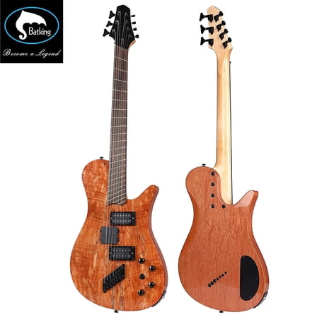 Batking Electric Guitar Fanned Fret 7-String Electric Guitar, 3 Bass and 4 Guitar Strings, Mahogany Body, Brown