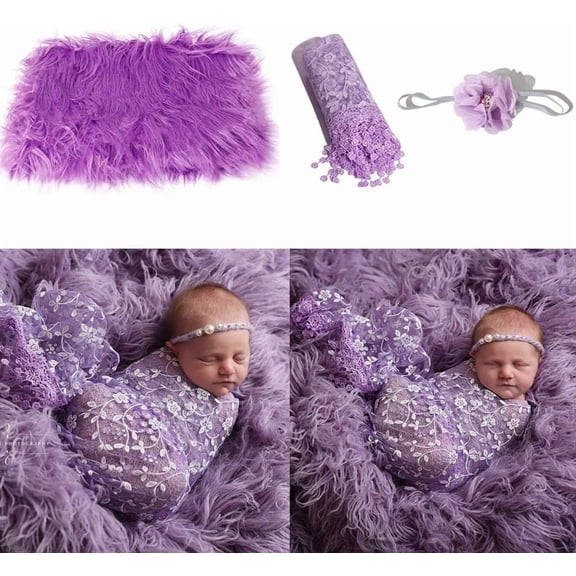 3pcs Baby Newborn Photo Props Fluffy Blanket Wrap Headband Set Comfortable Newborn Photography Wrap Mat Backdrops Rug for Boys Girls (Purple)