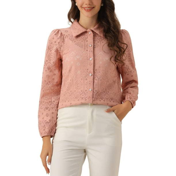 Camisa elegante de mujer Allegra K con mangas largas abullonadas y cuello de botón, color rosa polvo, talla S
