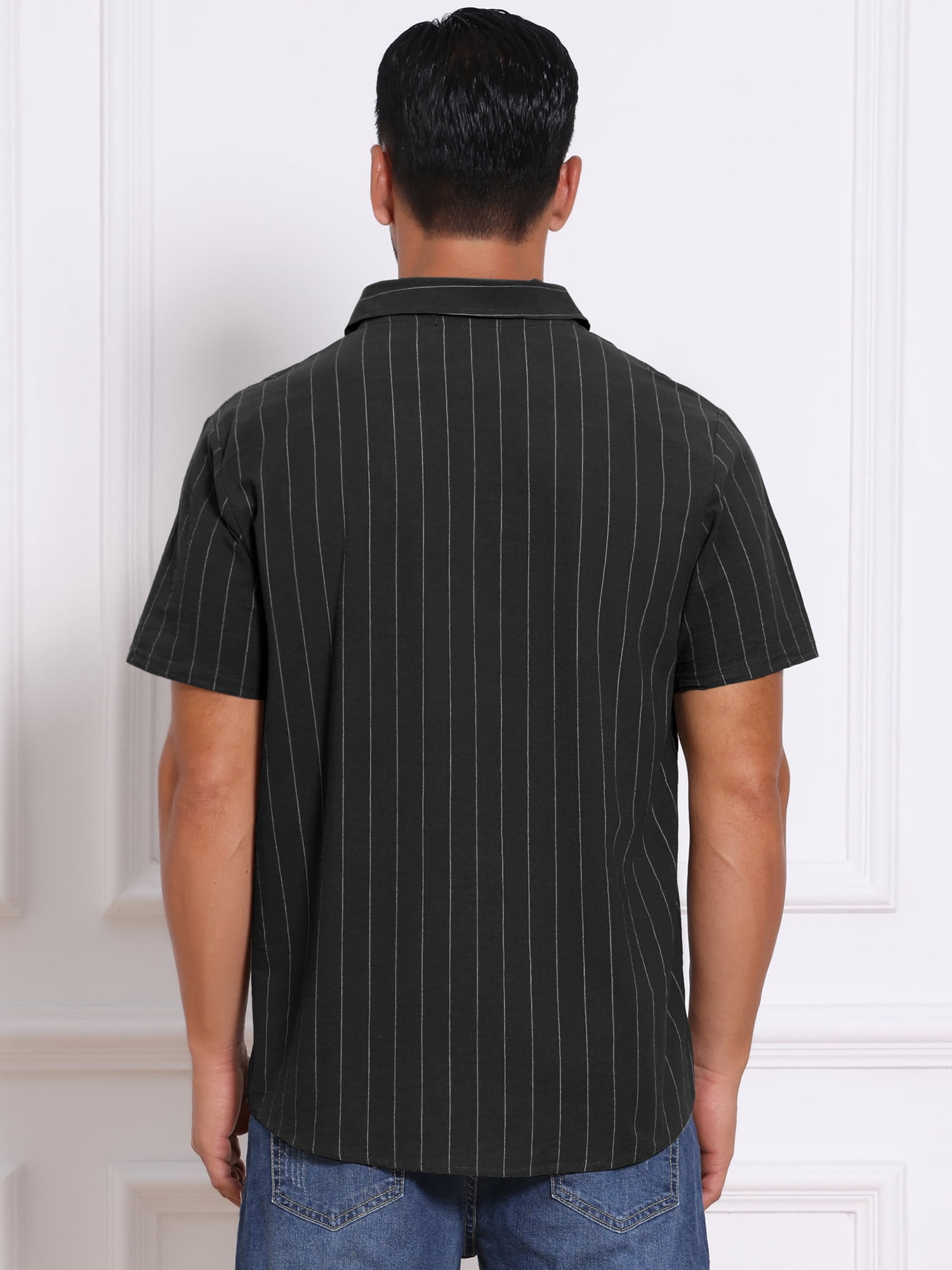 DARING DIVA Men's Point Collar Short Sleeve Button Down Stripes Shirts L Black