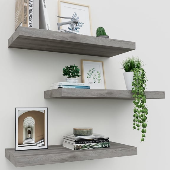Floating Shelves for Wall Set of 3, 16" Gray Wall Shelves for Home Decor, Frame Display Floating Shelf for Living Room, Bedroom, Bathroom, Kitchen